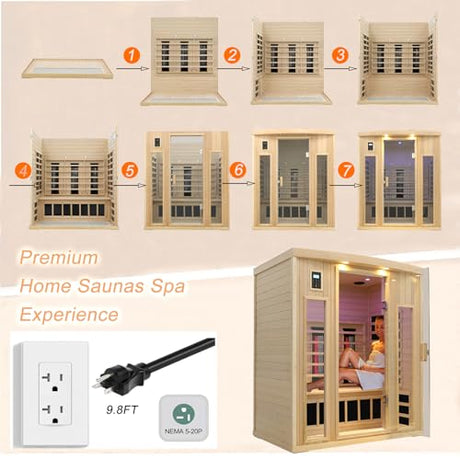 KUNSANA Ceramic Infrared Sauna 3 Person, Low EMF Infrared Saunas for Home, Hemlock Indoor Sauna Room, 2- in - 1 Heating Panels, Bluetooth Speakers, Chromotherapy Lights KUNSANA