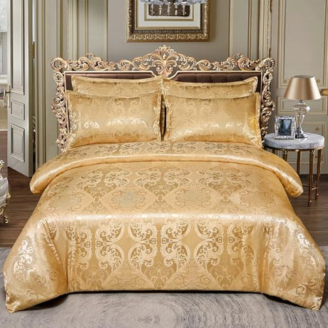 TUMAN Pro Duvet Cover Set European Luxury Satin Embroidery 3-Piece Bedding Set Soft Comfortable and Lightweight Gold Queen Duvet Cover (No Quilt) (Gold, Queen) TUMAN Pro