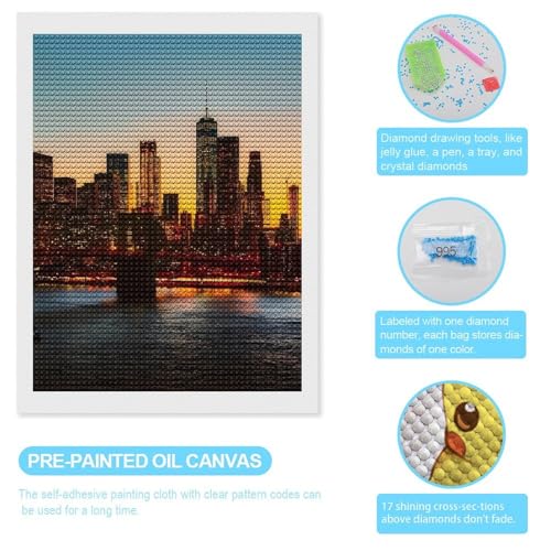 New York City Manhattan Bridge Skyline Diamond Art Painting Kits for Adults Full Drill 5D DIY Craft for Home Decor Gift 12"x16" WoodArtSupply