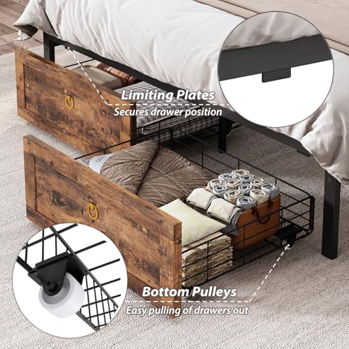 TIGUBFRE Full Bed Frame with 4 Drawers Bookshelf Headboard, Farmhouse Bed Frame with Charging Station & LED Lights, Metal Slats Support, Noise Free, No Box Spring Needed Rustic Brown TIGUBFRE