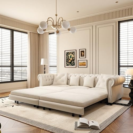Tabaray 89'' Pull Out Sofa Bed King, Chesterfield Velvet Sleeper Sofa, Convertible L-Shaped Futon Couch, Tufted Back, 4 Pillows, Ottoman, Deep Seat Loveseat Couches for Living Room, Apartment, Beige Tabaray