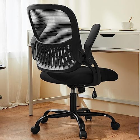 Sweetcrispy Office Computer Desk Chair, Ergonomic Mid-Back Mesh Rolling Work Swivel Task Chairs with Wheels, Comfortable Lumbar Support, Comfy Flip-up Arms for Home, Bedroom, Study, Student, Black Sweetcrispy