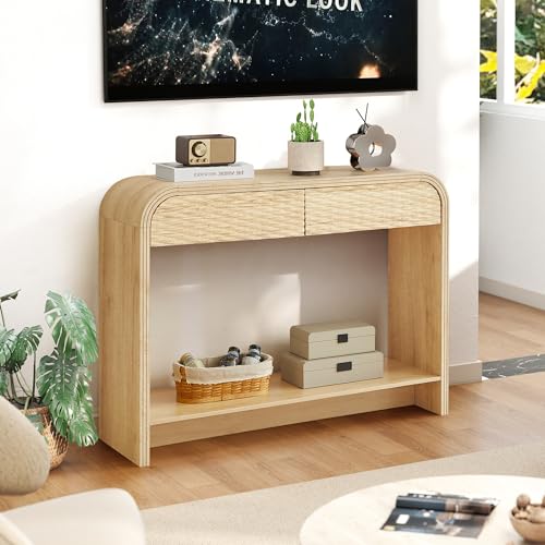 affeivul Curved Console Table Arch with Storage, Narrow Entryway Table with Drawers, 43.3'' Couch Table Behind Sofa Long and Skinny for Living Room TV, Hallway Entrance Foyer, Mid Century Boho Rattan affeivul