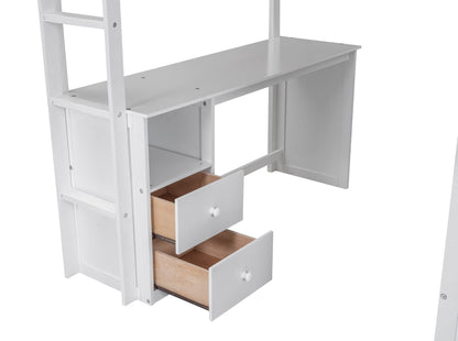 Polibi White Full Size Loft Bed with Wardrobe and 2-Drawer Desk - WoodArtSupply