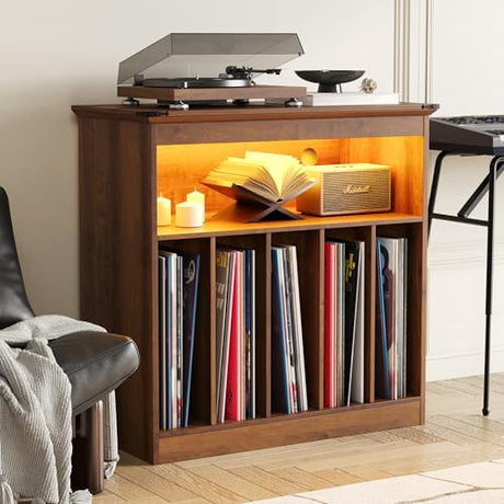 MHOM Farmhouse Large Record Player Stand with Power Outlets & LED Lights, Vinyl Record Stand hold up to 150 Albums, Turntable Stand for Living Room, Bedroom, Brown MHOM
