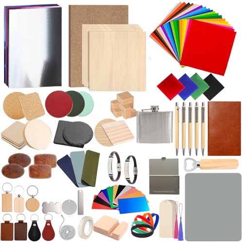 216Pcs Laser Engraving Material Kit, 27 Kinds Blanks for DIY Crafts Includes Wood, Acrylic, Metal, Fabric, Rock, PU Leather,Diatom Mud Blanks Material Fecuheko