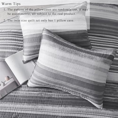 KAKIJUMN Twin Quilt Bedding Set, White and Grey Patchwork Striped Quilt Set, 2 Pieces Soft Lightweight Bedspread Coverlet Set with 1 Pillow Sham(Light Grey,Twin) KAKIJUMN