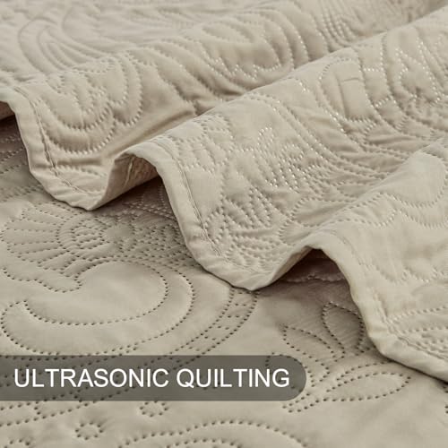 BOURINA Ultrasonic Quilt Set Bedspreads 3-Piece Bedding Set Pre-Washed Microfiber Ultra Soft Lightweight Flower Coverlet Set for All Season, King Beige BOURINA