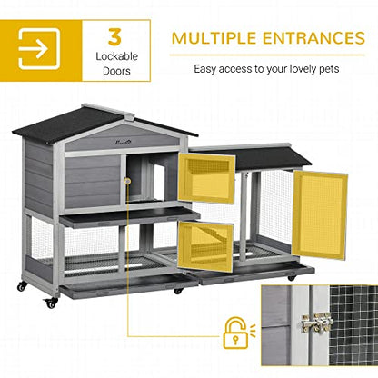 PawHut 62" Rabbit Hutch, Wooden Bunny Hutch, Guinea Pig Cage, Small Animal Enclosure with Wheels, Run Area, Removable Tray, Asphalt Roof, Lockable Doors and Ramp, Gray - WoodArtSupply