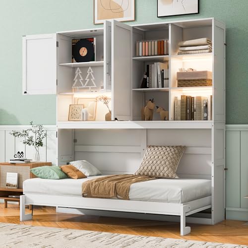 SOFTSEA Twin Size Horizontal Murphy Bed with Bookcase, LED Light and USB Charging Station, Space-Saving Hideaway Wall Bed Frame, White SOFTSEA