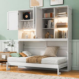 SOFTSEA Twin Size Horizontal Murphy Bed with Bookcase, LED Light and USB Charging Station, Space-Saving Hideaway Wall Bed Frame, White SOFTSEA