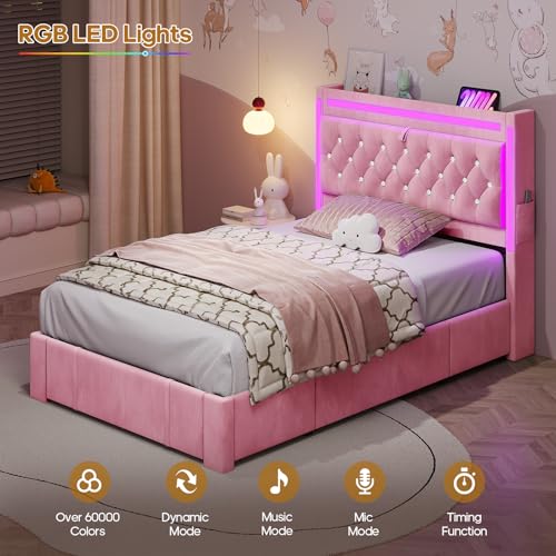 HAUOMS Twin Bed Frame with 3 Drawers, Storage Headboard with Charging Station & LED Lights, Velvet Upholstered Twin Size Girl Bed with Heavy Duty Metal Slats, No Box Spring Needed, Noise Free, Pink HAUOMS