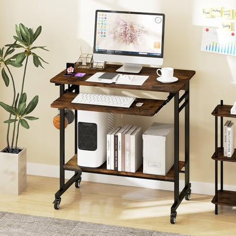 Tangkula Rolling Computer Desk Cart with Keyboard Tray, Mobile Portable Laptop PC Desk with CPU Stand & 3 Hooks for Sofa & Bed, Industrial Small Desk on Wheels for Small Spaces, Home Office Desk Tangkula