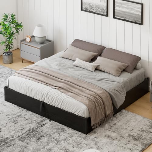 YUMPIE Queen Size Lift-Up Storage Platform Bed Frame, Metal Bed Frame with Wooden Slats Support, Spacious Underneath Storage, No Box Spring Required, Noise-Free, Black YUMPIE