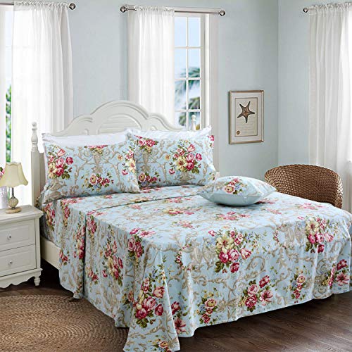 FADFAY Shabby Floral Bedding Elegant Peony Sheets Set Luxury Bedding Collections 800 Thread Count 100% Egyptian Cotton Deep Pocket, 4 Piece-Full Size FADFAY