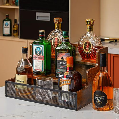 3 Step Countertop Liquor Bottle Display Shelf, Wood Bar Shelves 12 Bottles with Fences, Freestanding Storage Shelves for Liquor Whiskey Wine Coffee Syrup Display, Retro Wine Rack Home (Patent - WoodArtSupply