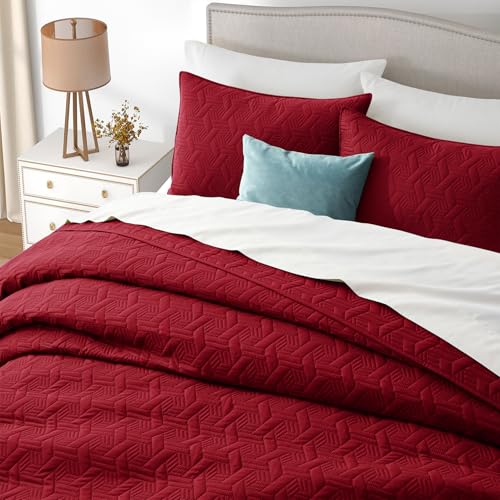 Lavsiry Red Queen Size Quilt Bedding Set with Pillow Shams, Summer Lightweight Bedspread Coverlet, Soft Quilted Blanket Thin Comforter for All Seasons Lavsiry