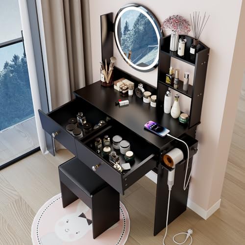 Montary 31.5" Compact Vanity Desk Set with Soft Cushion Stool, 2 AC & 2 USB Power Outlets, Hair Dryer Holder, Large Mirror, Adjustable LED Light, Drawers, Multi - Layer/Hidden Storage, Black Montary