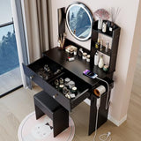 Montary 31.5" Compact Vanity Desk Set with Soft Cushion Stool, 2 AC & 2 USB Power Outlets, Hair Dryer Holder, Large Mirror, Adjustable LED Light, Drawers, Multi - Layer/Hidden Storage, Black Montary