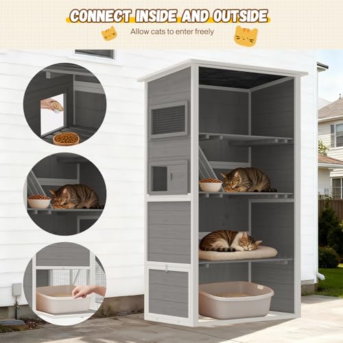 Large 4-Tier Outdoor Cat Enclosure Walk-in Catio with Weatherproof Solid Wood House, Connect to Window, 4 Platforms, 4 Private Resting Rooms & Bridge, for Multiple Cats (Grey) GZPATICY