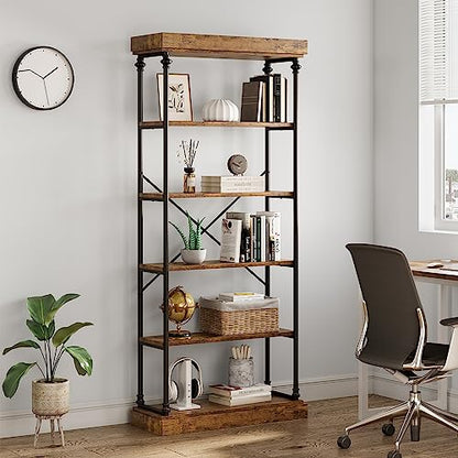 IDEALHOUSE Rustic 6-Tier Industrial Bookshelf with Metal Frame for Stylish Storage and Display - WoodArtSupply