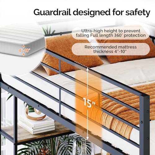 VINGLI Twin Metal Loft Bed Frame with 15 Inches Safety Guardrail, Non-Slip Ladder, 2 Charging Stations, L-Shaped Desk, Storage Shelve, 4 Drawers, LED Lights, for Kids, No Box Spring Needed, Black VINGLI