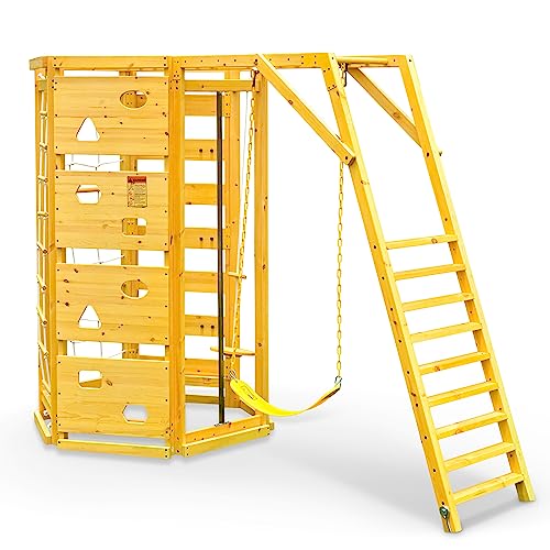 Avenlur Hawthorn 9-in-1 Outdoor Activity Center | Swing, Rock Wall, Monkey Bars | Ages 3-11 | Pine Wood Construction | Climbing Rope, Net Wall | Strength, Coordination, and Imagination-Boosting Fun Avenlur