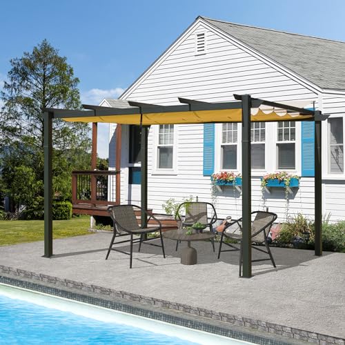 Domi Outdoor Living 9’ x 13’ Outdoor Retractable Pergola Against The Wall with Weather-Resistant Canopy Aluminum Garden Pergola Patio Grill Gazebo for Courtyard domi outdoor living