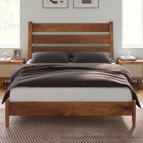 AMERLIFE Mid Century Solid Wood Bed Frame with Reclining Headboard in Light Brown - WoodArtSupply