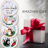 Embroidery Kit for Beginners, 4 Sets Cat Embroidery Kits, Needle Point Kits for Adults Beginner, with Full Package Embroidery Supplies, Detailed Easy-to-Follow Instructions, Gift for DIY Lovers