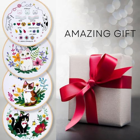 Embroidery Kit for Beginners, 4 Sets Cat Embroidery Kits, Needle Point Kits for Adults Beginner, with Full Package Embroidery Supplies, Detailed Easy-to-Follow Instructions, Gift for DIY Lovers ZWZRAFT