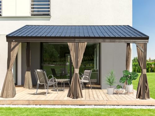 Domi 12x16FT Lean to Gazebo, Aluminum Wall Mounted Gazebo with Sloping Galvanized Steel Roof, Curtains and Netting, Outdoor Hardtop Gazebo Pergola for Patio, Deck, Garden, Backyard domi outdoor living