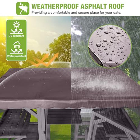 GUTINNEEN Catio Outdoor Cat Enclosure 70" Large Wooden Cat House Walk-in Cat Cage Kitty Shlter Playpen with 7 Platforms, 2 Resting Boxes, Waterproof Cover for 2-6 Cats (Grey) GUTINNEEN