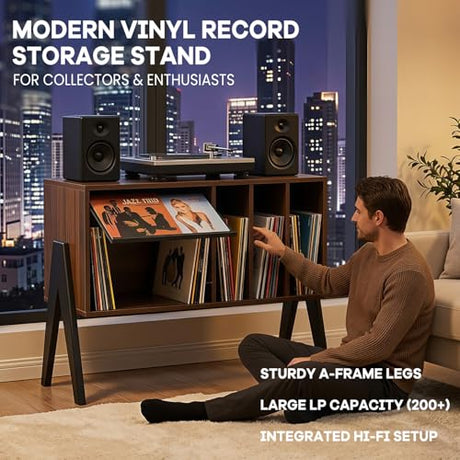 Record Player Stand with Vinyl Storage Cabinet, 32'' Mid Century Modern Turntable Console Table for Albums Display, Heavy-Duty Media Audio Bookshelf for Speakers & Stereo, Black Walnut Wood FurnPulse