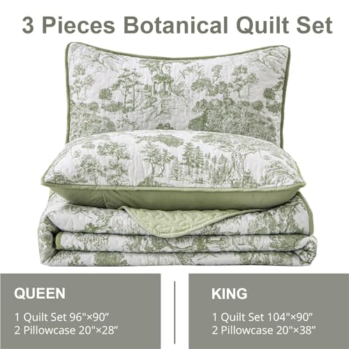 WONGS BEDDING Botanical Quilt Set Full Size, Sage Green 3 Pieces Toile Floral Plants Printed Bedspread Bedding Set Soft Lightweight Microfiber Coverlet Set for All Season (90"x78") WONGS BEDDING