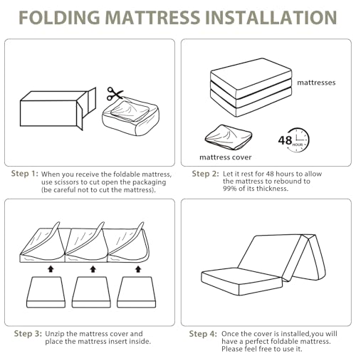 Tri Fold Memory Foam Foldable Mattress Single, 3 inch Folding Mattress for Guest Sleep. Portable Trifold Mat with Removable Washable Cover, Floor Sleeping Mat for Adult and Kid HUEIFY