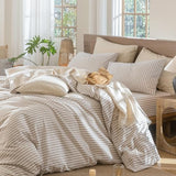 MooMee Striped Duvet Cover Set 100% Washed Cotton Linen Like Textured Breathable Durable Soft Comfy (Tannish Linen Grey White Classic Stripes, Queen 90"x90") MooMee