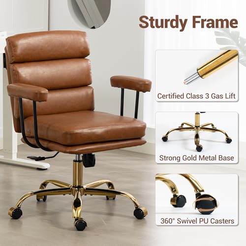 WENTUM Leather Office Chair with Wheels,Ergonomic Swivel Rolling Task Chair,Padded Seat and Armrests,Adjustable Height Home Desk Chair,Executive Computer Chair, Gold Base Makeup Vanity Chair,Brown WENTUM