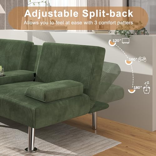 Shahoo Modern Upholstered Convertible Folding Futon Sofa Bed with Removable Armrests, Metal Legs, 2 Cup Holders for Living Room, Green Shahoo