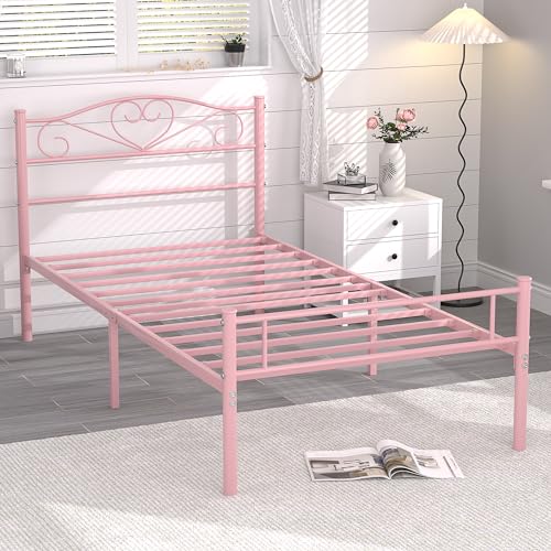 VECELO 14 Inch Twin Size Metal Platform Bed Frame with Headboard and Footboard, Heavy Duty Mattress Foundation with Steel Slats Support, No Box Spring Needed, Pink VECELO