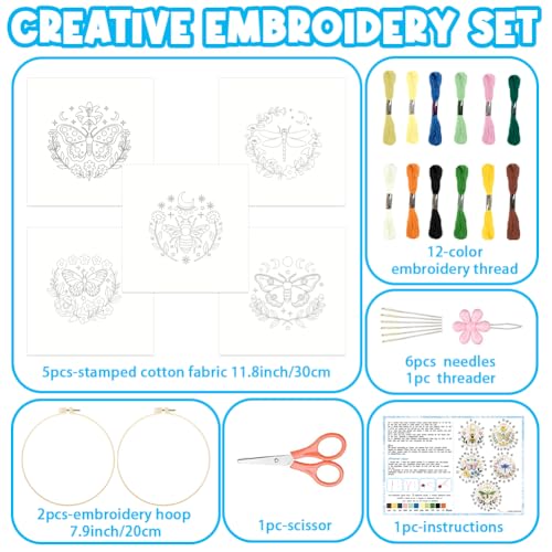 ACRNIGHEET 5PCS Embroidery Kit for Beginners Adults, Butterfly Embroidery Kit, Flowers Embroidery Starter Kit with Instructions, Including 5 Stamped Embroidery Cloth Hoops Threads, Crafts Gift Idea