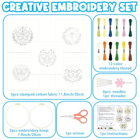 ACRNIGHEET 5PCS Embroidery Kit for Beginners Adults, Butterfly Embroidery Kit, Flowers Embroidery Starter Kit with Instructions, Including 5 Stamped Embroidery Cloth Hoops Threads, Crafts Gift Idea ACRNIGHEET