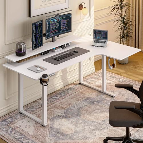 L Shaped Electric Standing Desk, 63x43'' Computer Desks with 2 Monitor Shelves, Dual Motor and Memory Controller, Gaming Corner Desk Adjustable Height from 28-46'' for Home Office Workstation, White ONBRILL