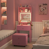 Vabches Small Vanity Desk Set with 3 Adjustable Lighted Mirror and Storage Chair, Vanity Set with Charger Station, Small Spaces Vanity Table for Bedroom，Pink Vabches