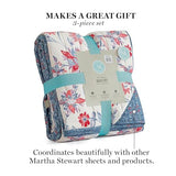 Martha Stewart King Size Quilt Bedding Set - 3 Piece, Soft Washed Microfiber, Printed Bedspread, Reversible, All Season, 1 Quilt, 2 King Pillow Shams, Blue, White & Red, Painted Floral Print Martha Stewart