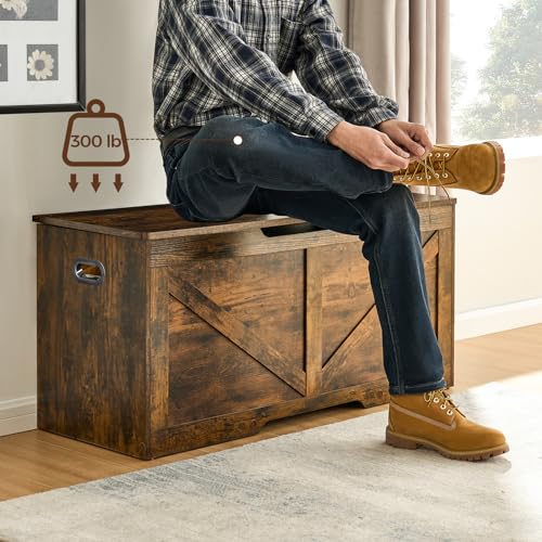 39.4"Storage Chest, Storage trunk with safety Hinges, Wooden Storage Bench, Shoe Bench,Easy Assembly,39.4"L x 15.7"W x 18.9"H,storage bench for bedroom end of bed,for Entryway (Rustic Brown)