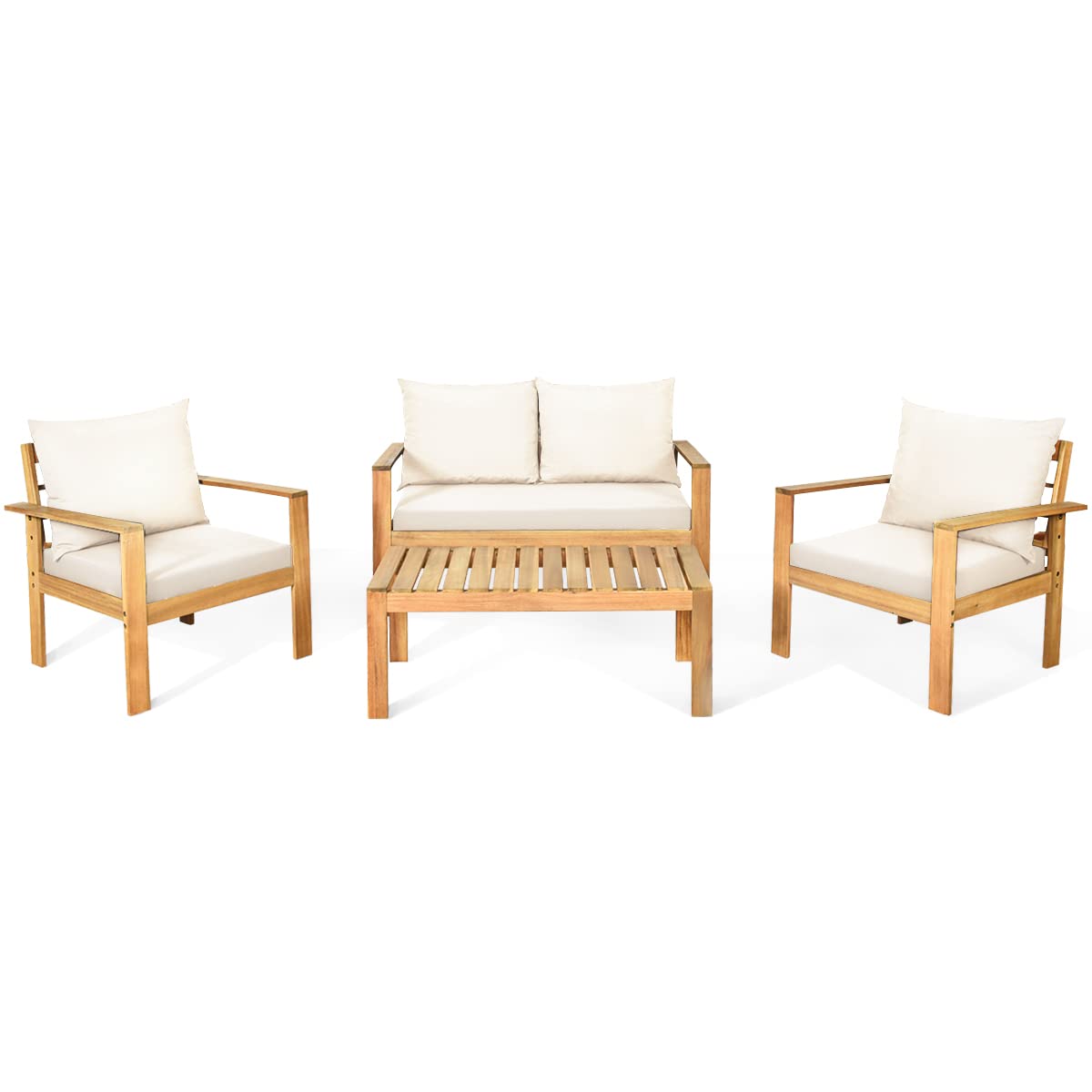 COSTWAY 4 Pieces Outdoor Acacia Wood Sofa Set, Outdoor Conversation Sofa Set with Table & Cushions Porch Chairs for Garden, Patio, Deck COSTWAY