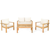 COSTWAY 4 Pieces Outdoor Acacia Wood Sofa Set, Outdoor Conversation Sofa Set with Table & Cushions Porch Chairs for Garden, Patio, Deck COSTWAY