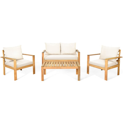 COSTWAY 4 Pieces Outdoor Acacia Wood Sofa Set, Outdoor Conversation Sofa Set with Table & Cushions Porch Chairs for Garden, Patio, Deck