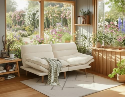 Amada Convertible Futon Sofa Bed - Corduroy Loveseat with Adjustable Backrest & Armrests, Thickened Seat Cushion, Small Space Sleeper Couch for Apartment, Study Room & Office（Off-White，66 Inch ） AMADA HOMEFURNISHING
